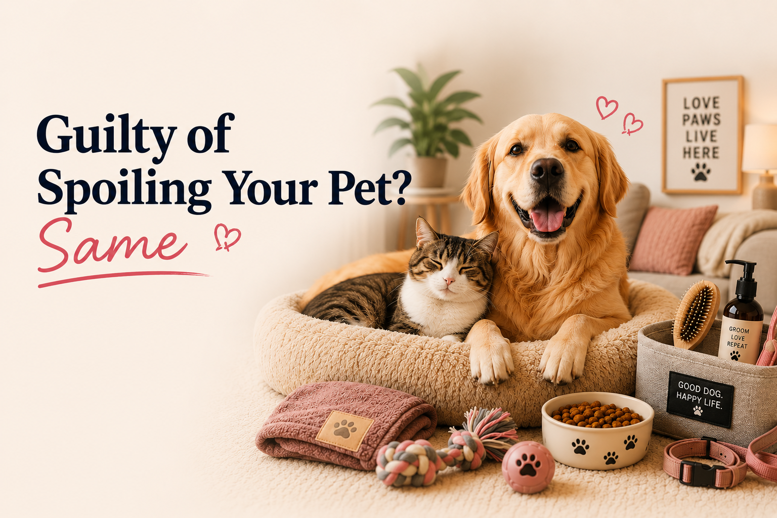 Dog and cat lying on a couch with pet care products around, text 'Guilty of Spoiling Your Pet? Same'.