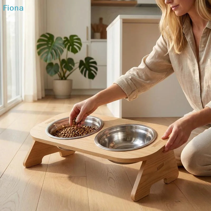WhiskerDish™ Wooden Raised Feeder with Stainless Steel Bowls