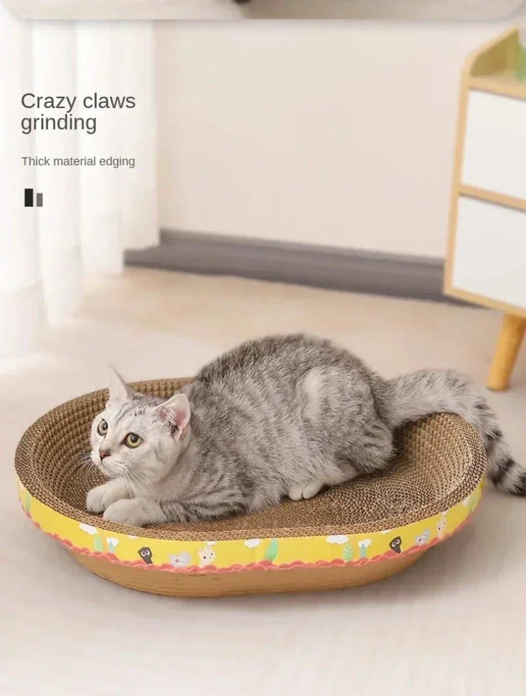 Cat lying on a round cat scratcher with colorful design