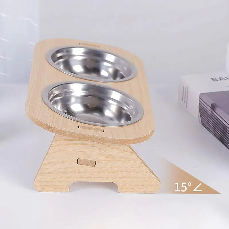 WhiskerDish™ Wooden Raised Feeder with Stainless Steel Bowls