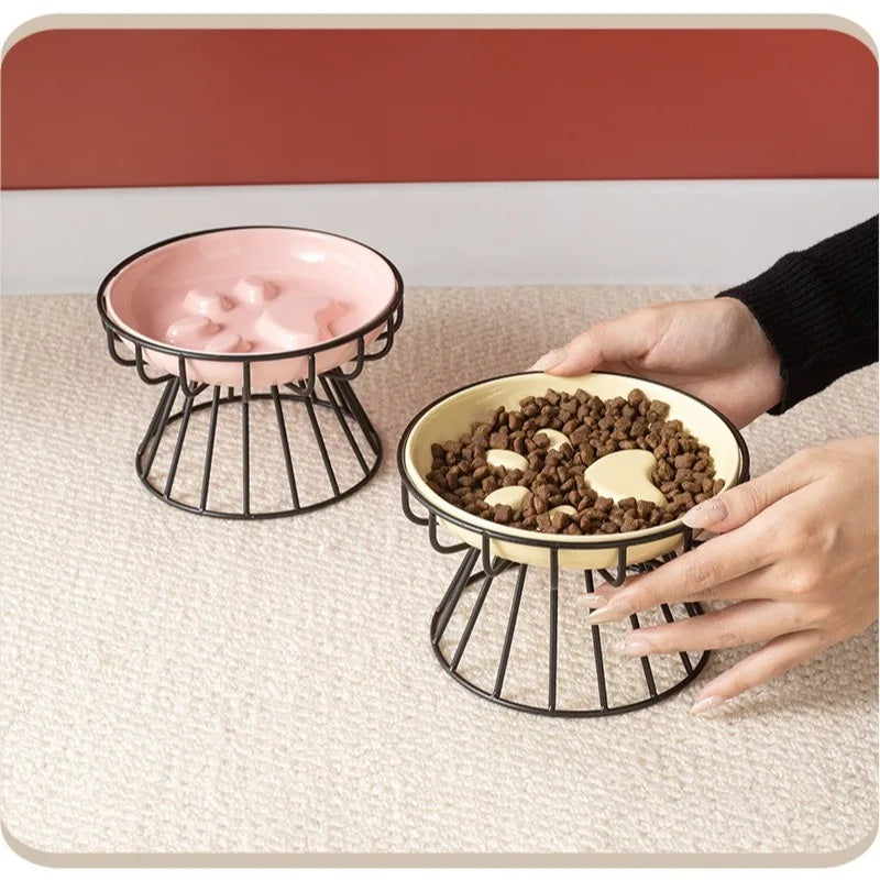 WhiskerEase™ Elevated Ceramic Slow Feeder Bowl for Cats & Small Dogs