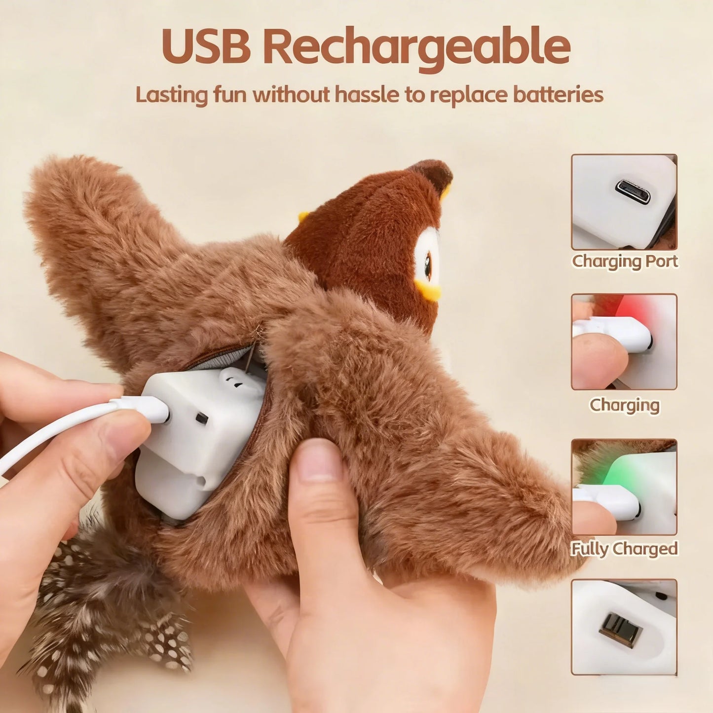 Juguete recargable activado por contacto ChirpWing™ con forma de pájaro para gatos y perros