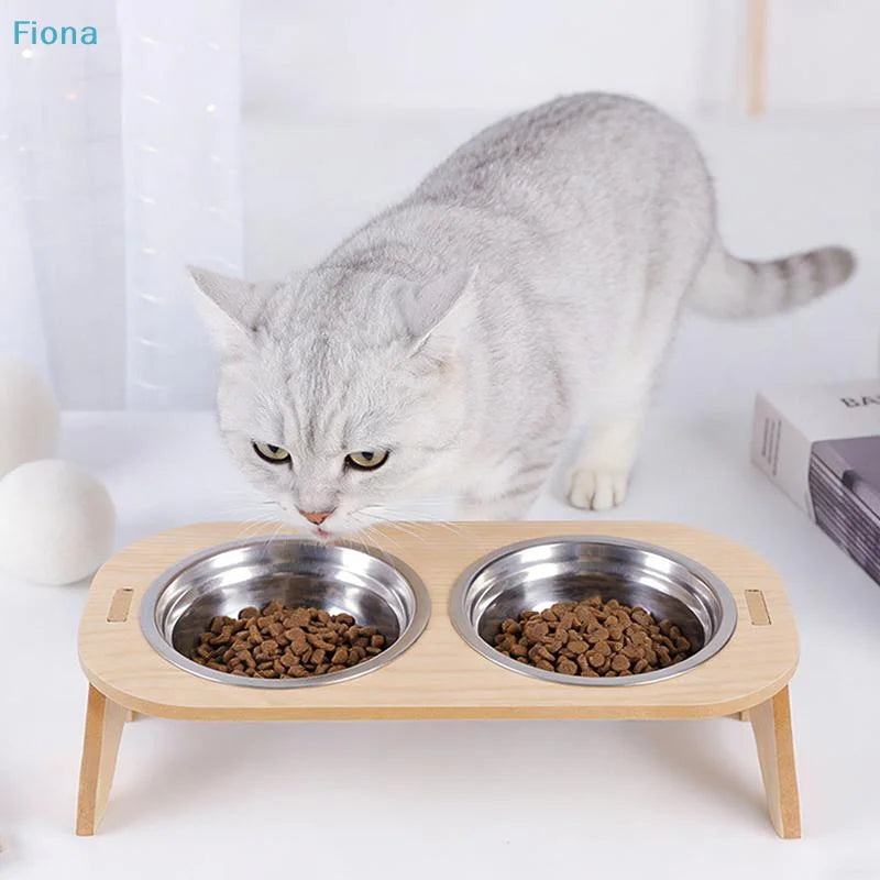 WhiskerDish™ Wooden Raised Feeder with Stainless Steel Bowls