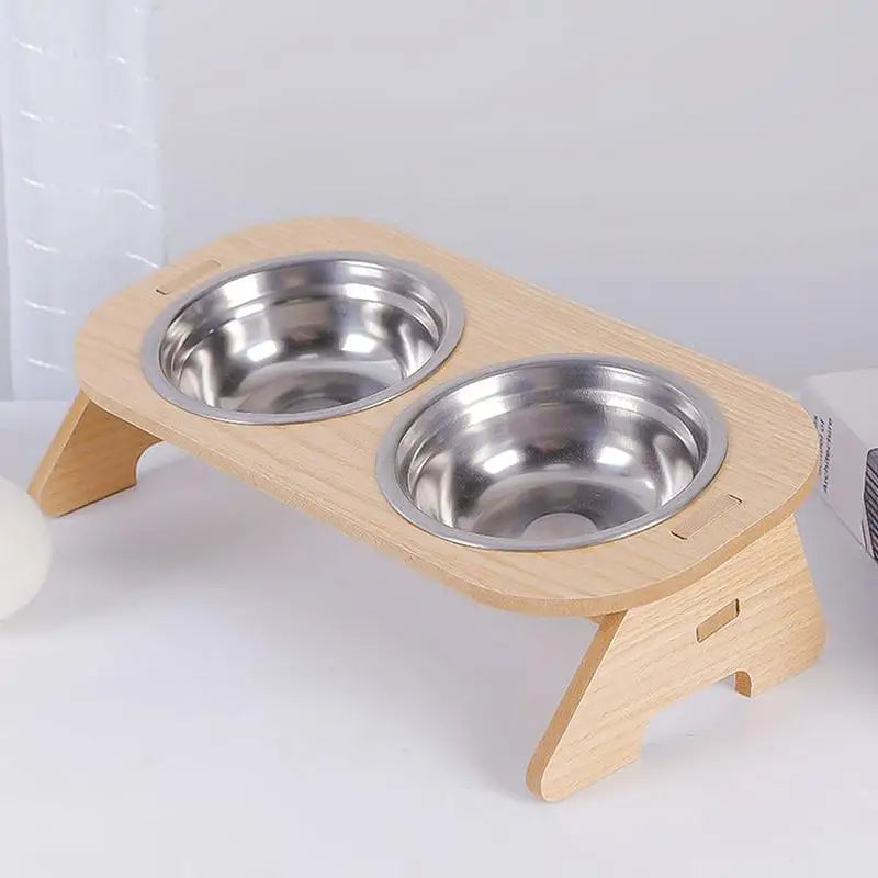 WhiskerDish™ Wooden Raised Feeder with Stainless Steel Bowls