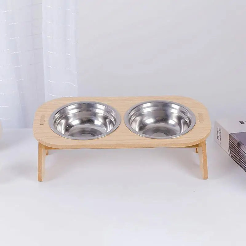 WhiskerDish™ Wooden Raised Feeder with Stainless Steel Bowls