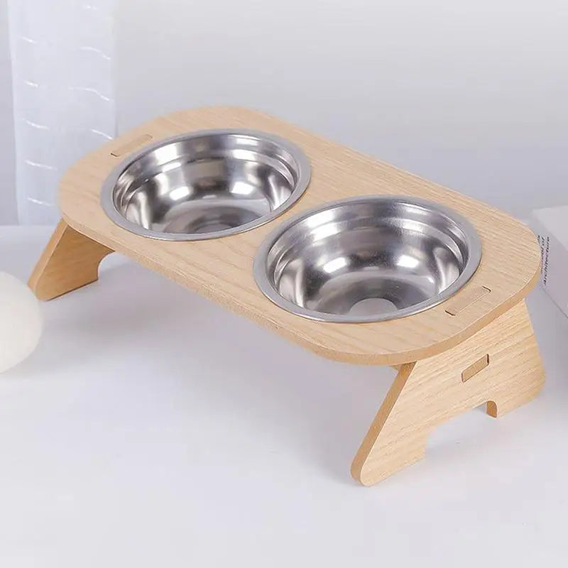 WhiskerDish™ Wooden Raised Feeder with Stainless Steel Bowls