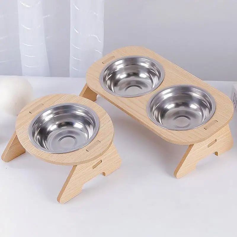 WhiskerDish™ Wooden Raised Feeder with Stainless Steel Bowls