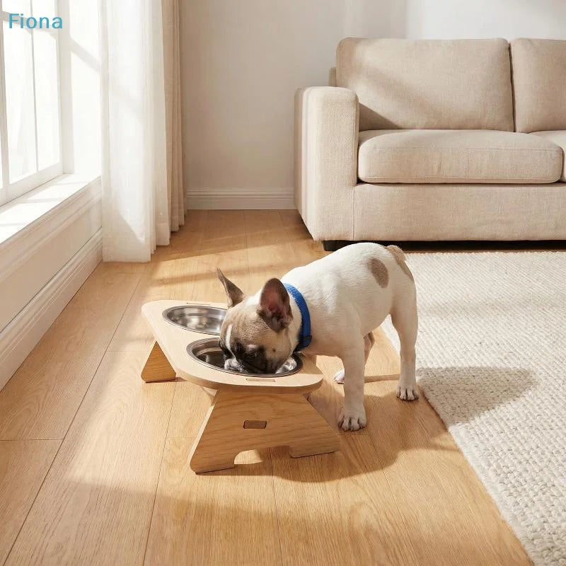 WhiskerDish™ Wooden Raised Feeder with Stainless Steel Bowls