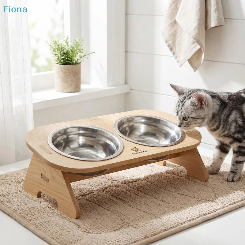 WhiskerDish™ Wooden Raised Feeder with Stainless Steel Bowls
