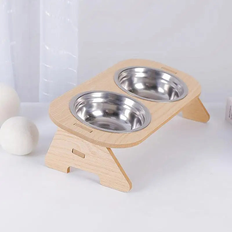 WhiskerDish™ Wooden Raised Feeder with Stainless Steel Bowls