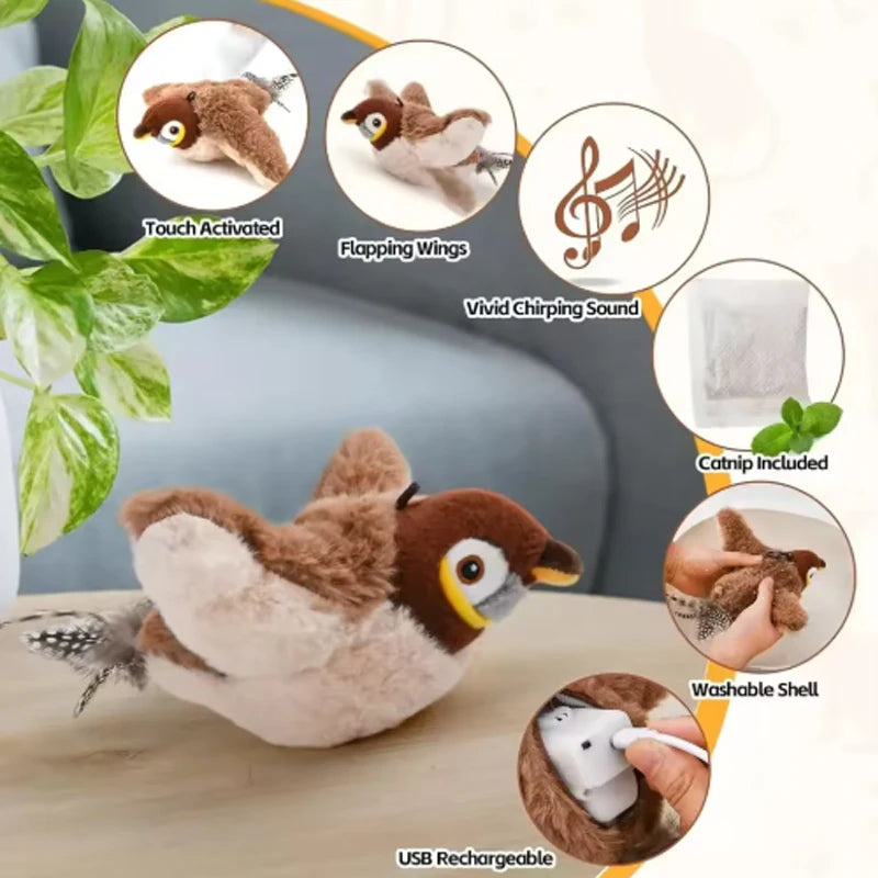 Juguete recargable activado por contacto ChirpWing™ con forma de pájaro para gatos y perros